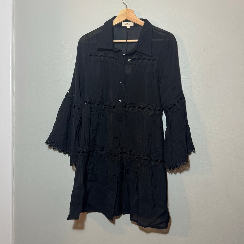 NWT Women's Size L Black Elan Eyelet Lace Bell Sleeve Button Down Cover Up Dress - Picture 2 of 9